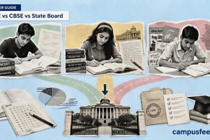 ICSE vs CBSE vs State Board comparison visual with students, textbooks, CUET, JEE and NEET admission pathways