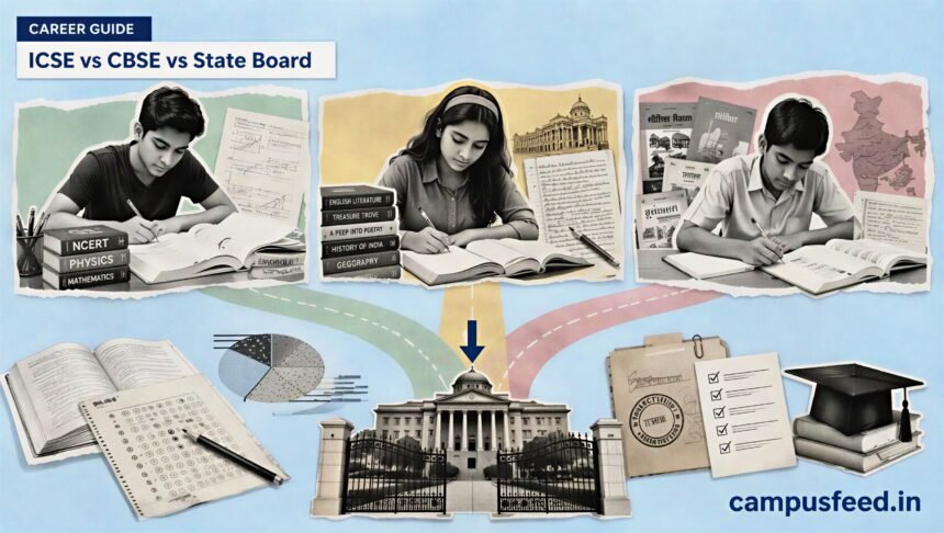 ICSE vs CBSE vs State Board comparison visual with students, textbooks, CUET, JEE and NEET admission pathways