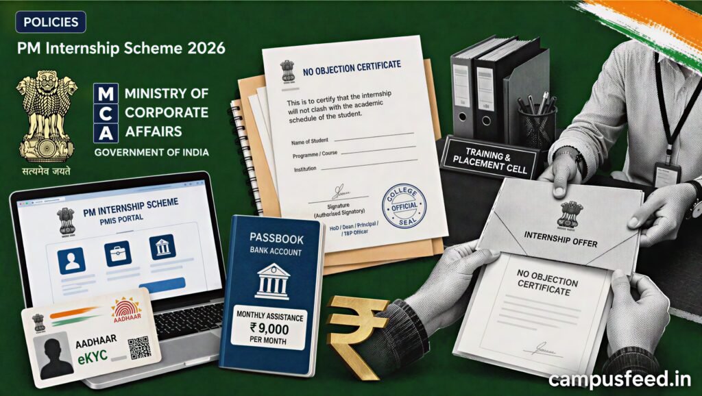 PM Internship Scheme 2026 explainer with MCA emblem, final-year student NOC papers, stipend passbook, and college placement desk