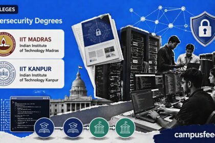 IIT Madras cybersecurity degrees lab scene with server racks, network diagrams and IIT Kanpur collaboration elements for the 2026 programme