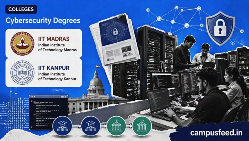 IIT Madras cybersecurity degrees lab scene with server racks, network diagrams and IIT Kanpur collaboration elements for the 2026 programme