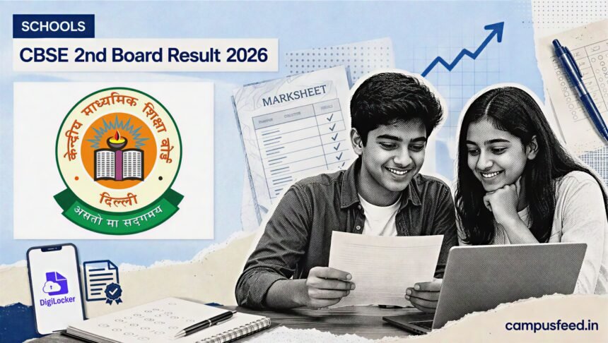 CBSE 2nd Board Result 2026 visual showing students, an improved marksheet and the official CBSE logo