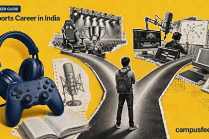 Esports Career in India guide visual with divergent gaming paths, controller, headset, broadcast microphone, trophy and creative-technology tools