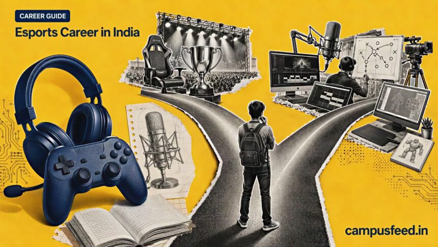 Esports Career in India guide visual with divergent gaming paths, controller, headset, broadcast microphone, trophy and creative-technology tools