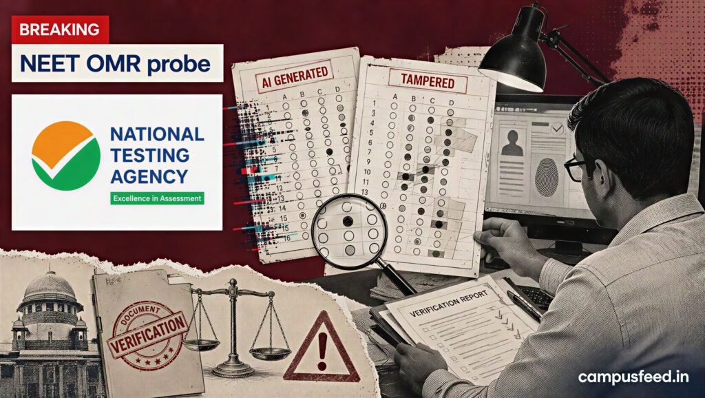 NEET OMR probe visual showing an NTA verification desk, disputed answer sheets and an AI-generated document warning