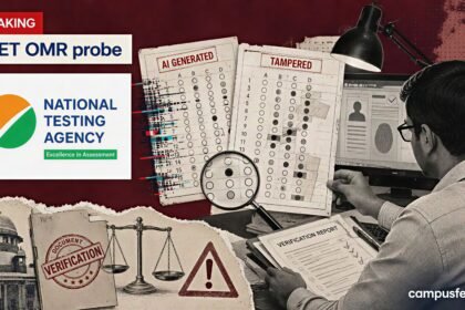 NEET OMR probe visual showing an NTA verification desk, disputed answer sheets and an AI-generated document warning