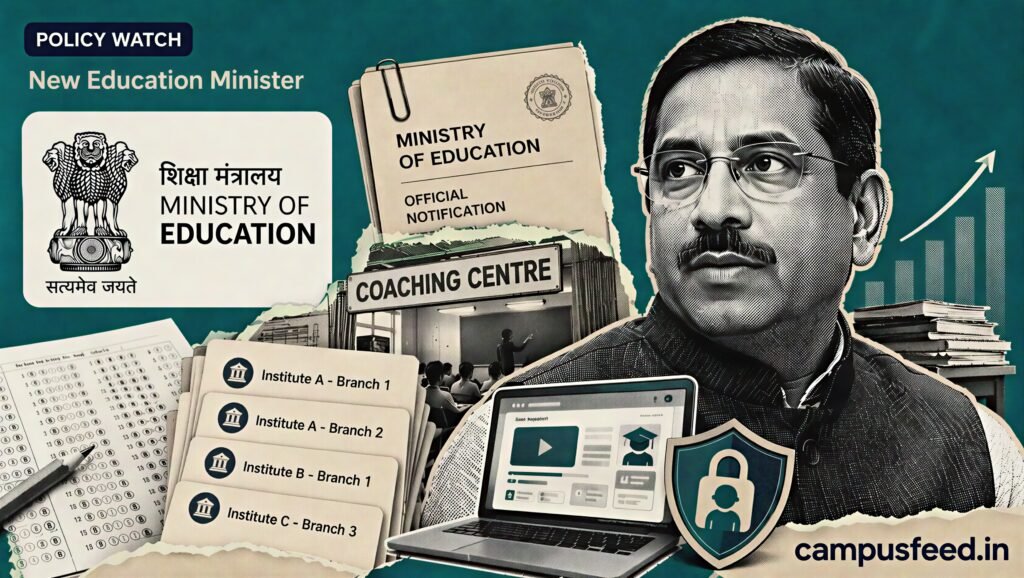 Pralhad Joshi as India’s new Education Minister alongside education policy files, edtech symbols and the Ministry of Education emblem