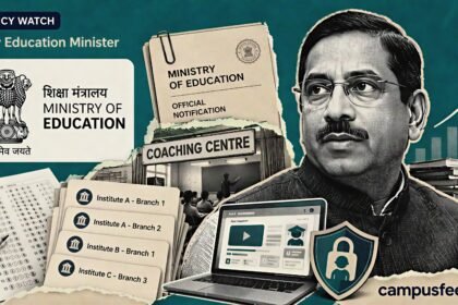 Pralhad Joshi as India’s new Education Minister alongside education policy files, edtech symbols and the Ministry of Education emblem