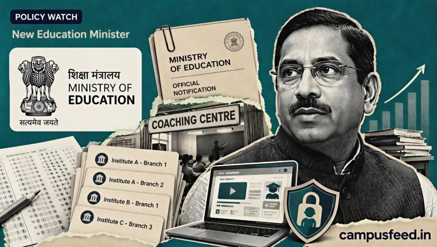 Pralhad Joshi as India’s new Education Minister alongside education policy files, edtech symbols and the Ministry of Education emblem