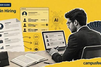 AI in hiring career guide with a halftone Indian professional at a recruitment workstation, resume screening interface and skills-focused application elements