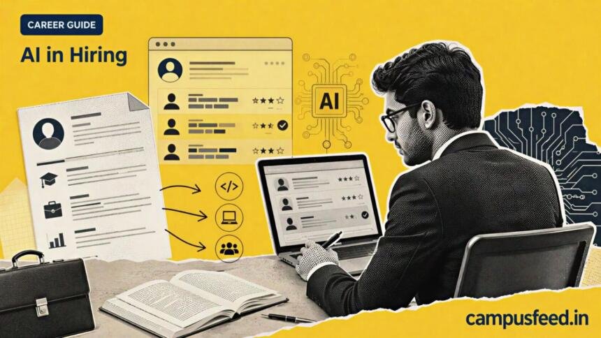 AI in hiring career guide with a halftone Indian professional at a recruitment workstation, resume screening interface and skills-focused application elements