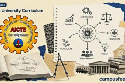 AICTE curriculum reform visual for AI in University Curriculum, with policy flowchart, engineering symbols, and the official regulator emblem for 2026-27