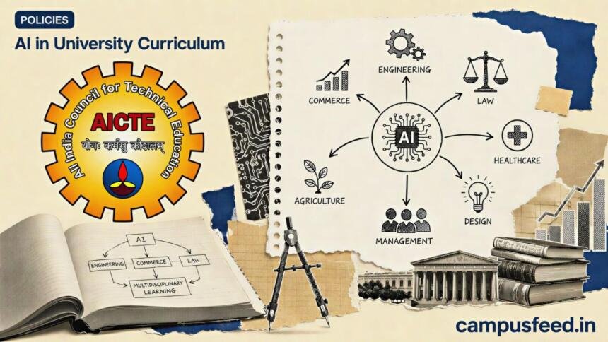 AICTE curriculum reform visual for AI in University Curriculum, with policy flowchart, engineering symbols, and the official regulator emblem for 2026-27