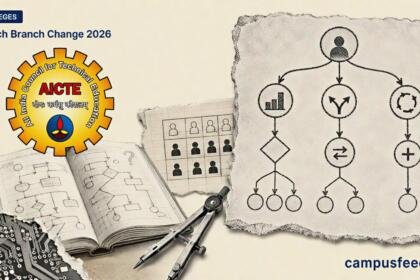 B.Tech Branch Change 2026 decision tree beside the official AICTE emblem, showing vacant-seat and first-year CGPA pathways