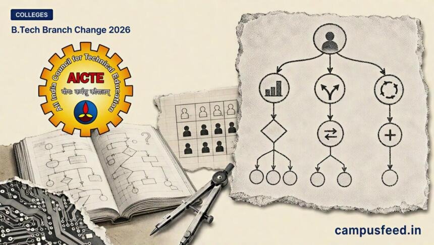 B.Tech Branch Change 2026 decision tree beside the official AICTE emblem, showing vacant-seat and first-year CGPA pathways