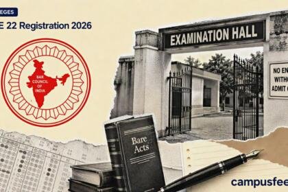 BCI AIBE 22 Registration 2026 exam schedule shown with a halftone examination-centre entrance, exam-paper fragments and the official Bar Council of India emblem