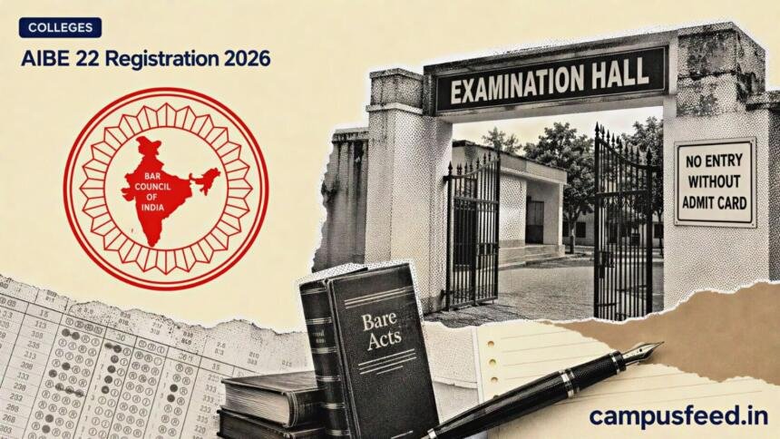 BCI AIBE 22 Registration 2026 exam schedule shown with a halftone examination-centre entrance, exam-paper fragments and the official Bar Council of India emblem