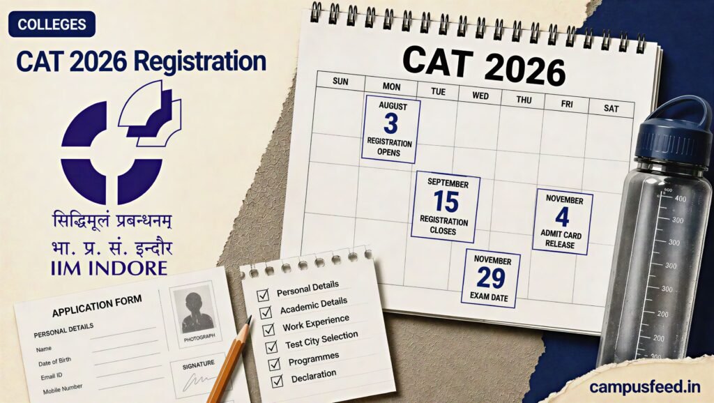 CAT 2026 Registration official application window with IIM Indore branding, MBA entrance exam calendar, admission documents and registration timeline for 2026