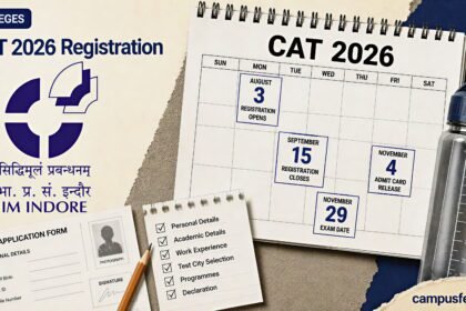 CAT 2026 Registration official application window with IIM Indore branding, MBA entrance exam calendar, admission documents and registration timeline for 2026