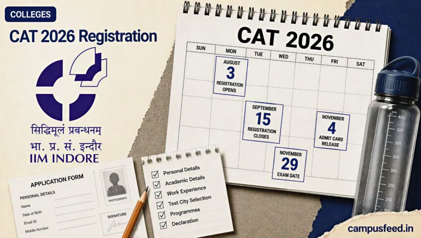 CAT 2026 Registration official application window with IIM Indore branding, MBA entrance exam calendar, admission documents and registration timeline for 2026