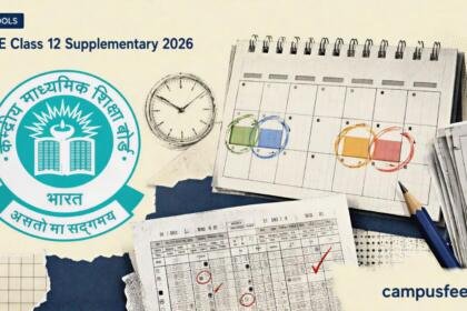 CBSE Class 12 Supplementary 2026 review calendar with highlighted application windows, evaluated answer-book sheets, and the official CBSE emblem
