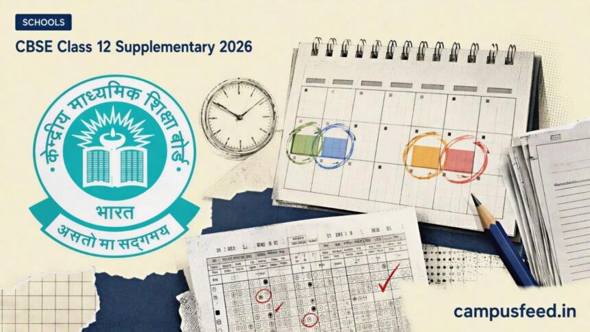 CBSE Class 12 Supplementary 2026 review calendar with highlighted application windows, evaluated answer-book sheets, and the official CBSE emblem