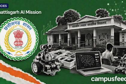 Chhattisgarh AI Mission shown through a halftone rural government school facade, robotics kit, AI circuit motifs and the Chhattisgarh state emblem