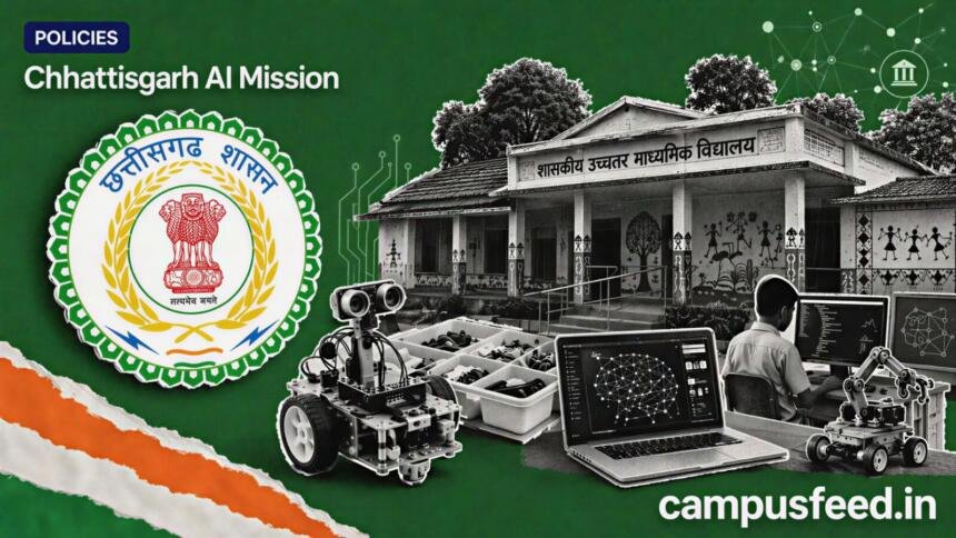 Chhattisgarh AI Mission shown through a halftone rural government school facade, robotics kit, AI circuit motifs and the Chhattisgarh state emblem