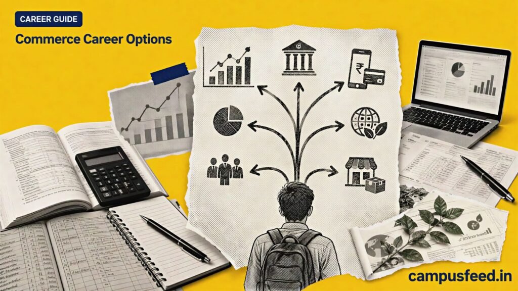 Commerce career options shown through a halftone Class 12 career flowchart branching toward finance, analytics, fintech, ESG and entrepreneurship