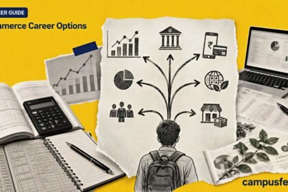 Commerce career options shown through a halftone Class 12 career flowchart branching toward finance, analytics, fintech, ESG and entrepreneurship