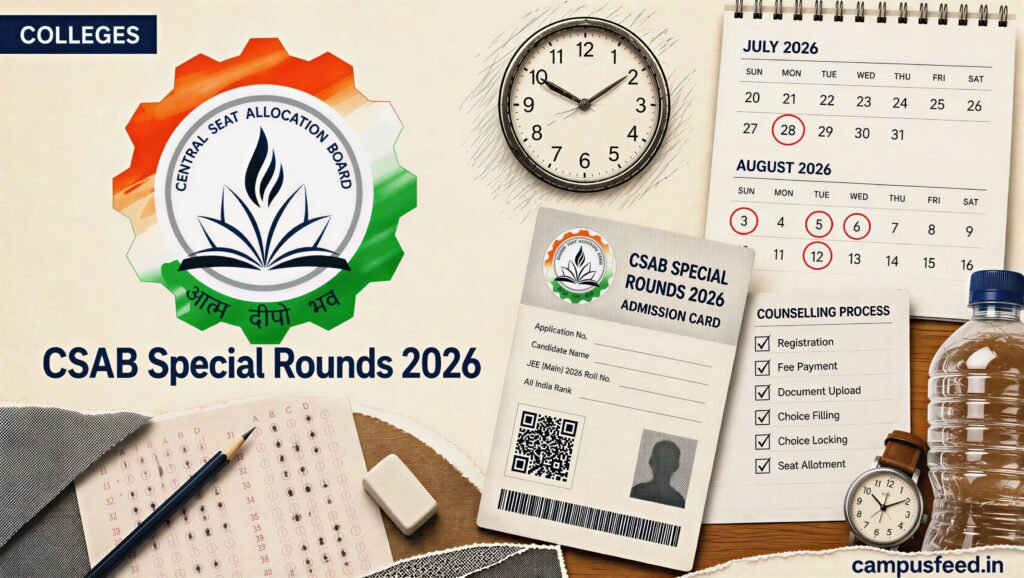 CSAB Special Rounds 2026 registration timeline showing NIT, IIIT and GFTI counselling schedule with the official CSAB emblem and engineering admission documents