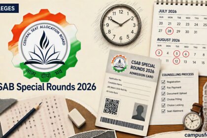 CSAB Special Rounds 2026 registration timeline showing NIT, IIIT and GFTI counselling schedule with the official CSAB emblem and engineering admission documents