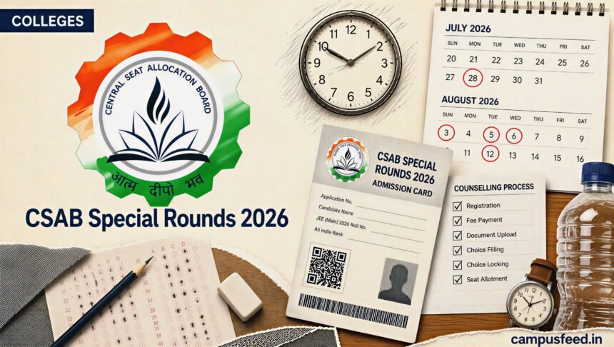 CSAB Special Rounds 2026 registration timeline showing NIT, IIIT and GFTI counselling schedule with the official CSAB emblem and engineering admission documents