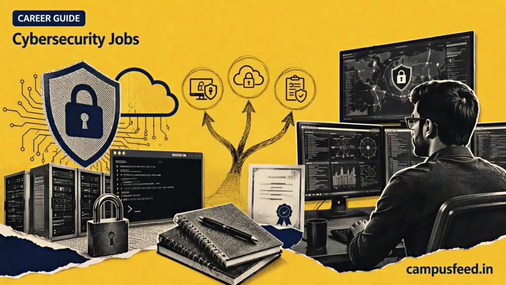 Cybersecurity Jobs career guide showing a security operations workspace, cloud infrastructure, certification pathways and specialist technology roles for students in 2026