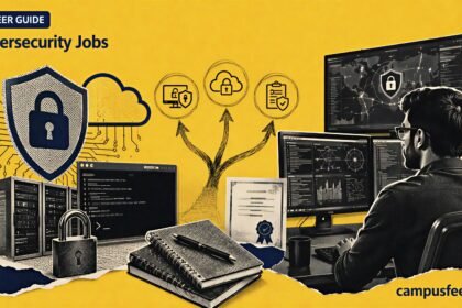 Cybersecurity Jobs career guide showing a security operations workspace, cloud infrastructure, certification pathways and specialist technology roles for students in 2026