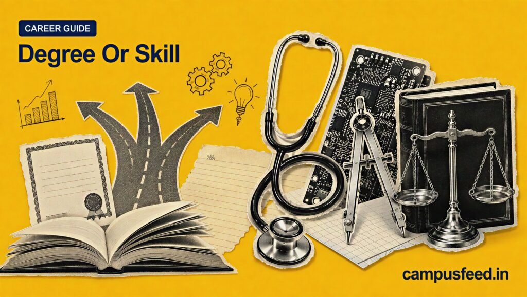 Degree Or Skill career guide visual with halftone professional tools, an open book and career-path motifs representing Indian job choices in 2026
