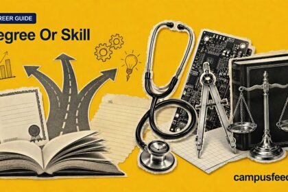 Degree Or Skill career guide visual with halftone professional tools, an open book and career-path motifs representing Indian job choices in 2026