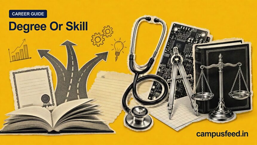 Degree Or Skill career guide visual with halftone professional tools, an open book and career-path motifs representing Indian job choices in 2026