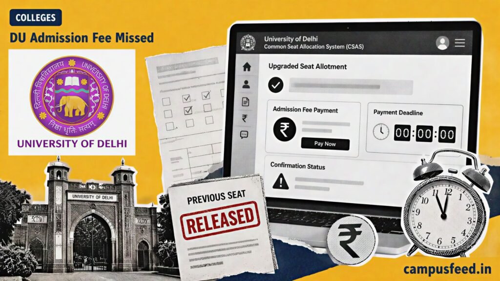 University of Delhi CSAS portal and payment deadline clock illustrating DU Admission Fee Missed consequences after an upgraded seat allotment