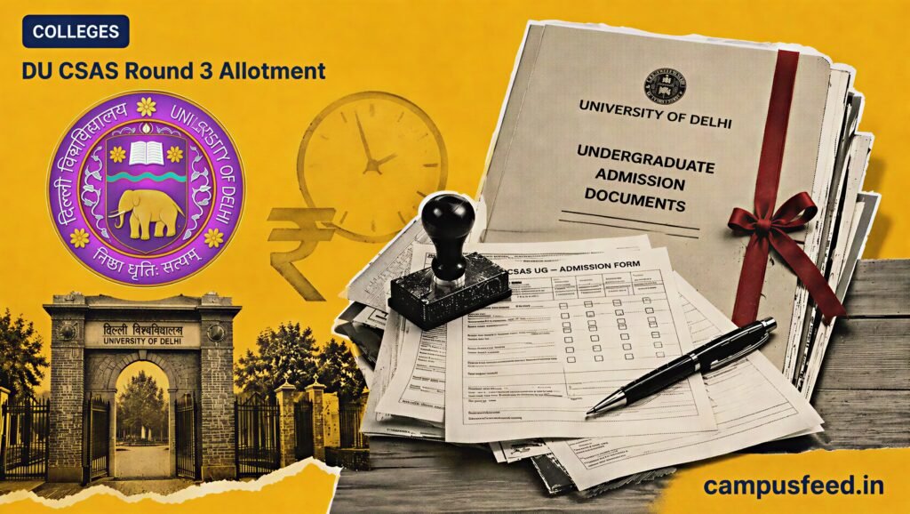 Delhi University admission documents and CSAS portal elements frame DU CSAS Round 3 Allotment for undergraduate seats in August 2026