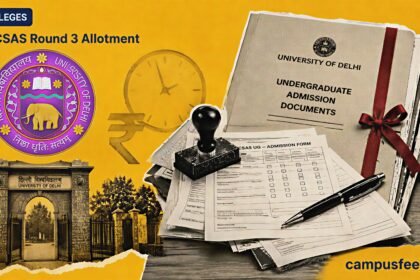 Delhi University admission documents and CSAS portal elements frame DU CSAS Round 3 Allotment for undergraduate seats in August 2026