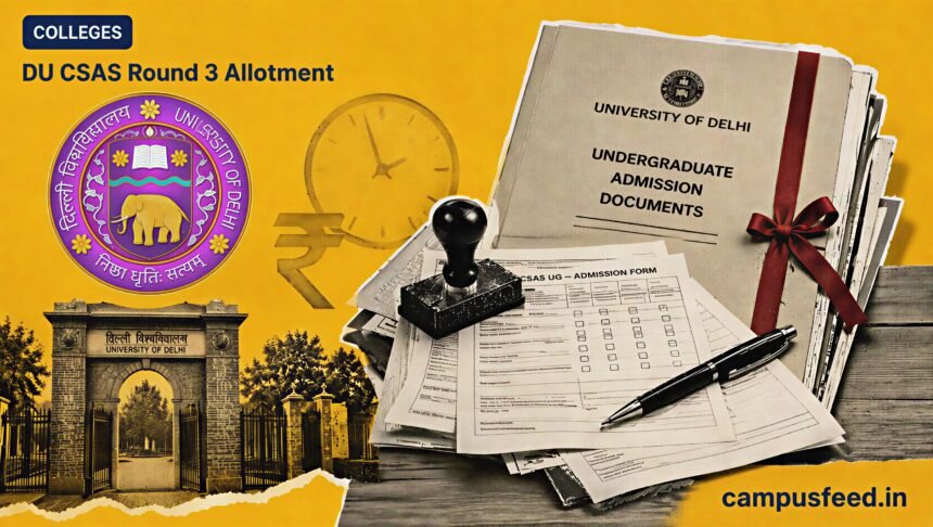Delhi University admission documents and CSAS portal elements frame DU CSAS Round 3 Allotment for undergraduate seats in August 2026