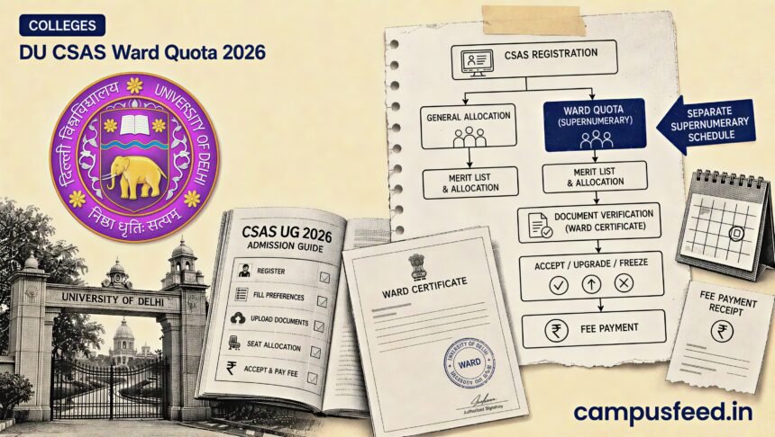 DU CSAS Ward Quota 2026 flowchart with Delhi University emblem, admission documents, Ward certificate and separate supernumerary allocation path