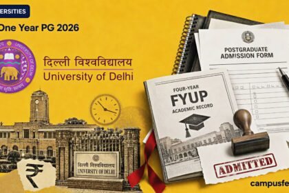 University of Delhi admission document collage for DU One Year PG 2026, with official DU logo, merit forms and UGCF 2022 academic records