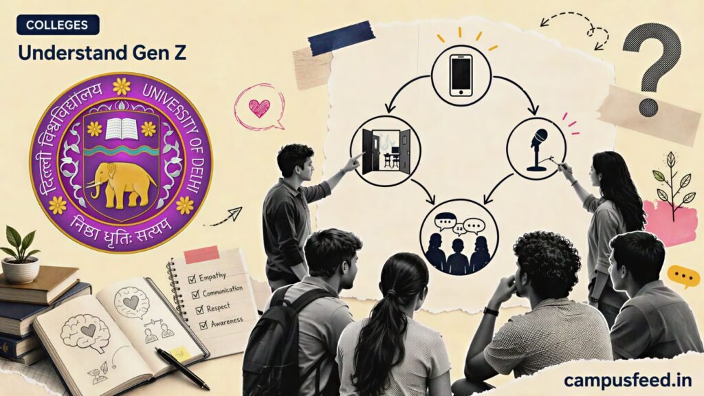 University of Delhi logo beside a halftone campus flowchart showing how Indian colleges Understand Gen Z through electives and structured youth dialogues