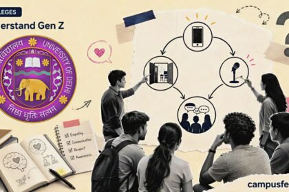 University of Delhi logo beside a halftone campus flowchart showing how Indian colleges Understand Gen Z through electives and structured youth dialogues