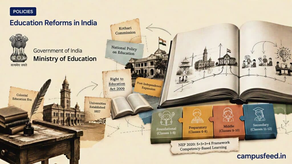 Education Reforms in India explainer with Ministry of Education emblem, open textbook, historic policy documents and classroom reform collage from colonial education to NEP 2020