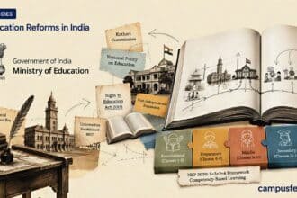 Education Reforms in India explainer with Ministry of Education emblem, open textbook, historic policy documents and classroom reform collage from colonial education to NEP 2020