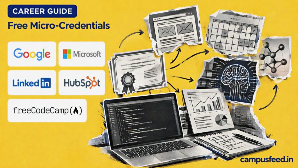 Free Micro-Credentials guide featuring Google, Microsoft, LinkedIn, HubSpot and freeCodeCamp skill pathways for BBA and BTech students