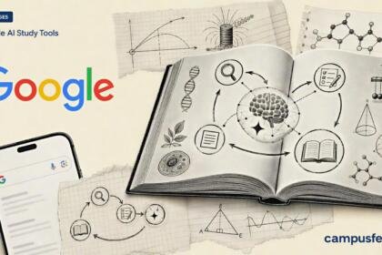 Google AI Study Tools shown as a halftone open textbook with Search and Gemini learning features for JEE and NEET preparation